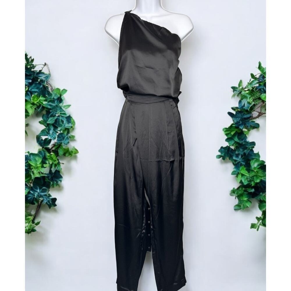 ☀️Mable Satin One Shoulder Top & Pleated Trouser Pants Set Black Women's Size M